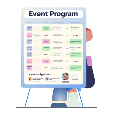 A large, vertical panel board is prominently displayed at a conference venue. The board features a header that reads "Event Program" in bold, clear letters at the top. Below the header, there is a neatly organized schedule divided into time slots, with each time slot detailing the session title, speaker names, and corresponding room numbers. Each session is listed in a different color to enhance readability. To the side, there is a section specifically highlighting keynote speakers, with their names in larger font accompanied by their photographs. The overall design is professional and visually appealing, with the background of the panel consisting of a soft gradient that subtly transitions from light blue at the top to white at the bottom.