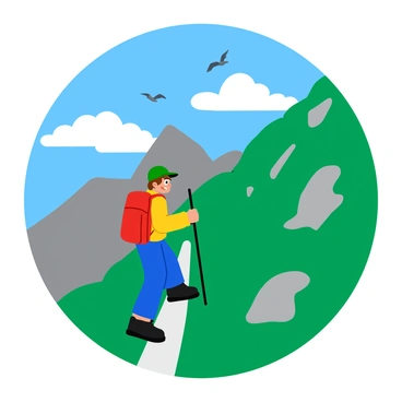 A person hiking up a steep, rocky mountain trail. The hiker, wearing a red backpack and a green cap, is focused on the ascent. Their cheeks are slightly flushed, indicating their heart rate is visibly increasing as they climb. The background features a vibrant blue sky with fluffy white clouds, while the mountain slopes are covered in green vegetation and patches of gray rocks. Small birds can be seen soaring above, adding life to the scene.