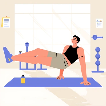 An individual performing leg raises on a blue exercise mat in a modern gym. The person is wearing a black tank top and gray gym shorts. Bright sunlight streams through large windows, illuminating various gym equipment in the background, including weights and exercise machines. There are posters on the walls showing fitness tips, and a water bottle placed next to the mat. The floor is a sleek wood finish, adding to the contemporary feel of the space.