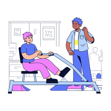 A personal trainer is standing beside a client who is seated on a rowing machine. The trainer is adjusting the client's posture by placing their hands on the client's shoulders. The client has a determined expression while gripping the handles of the machine. The rowing machine features a sleek design with a padded seat and adjustable footplates. The background includes a gym setting with weights and exercise mats visible.