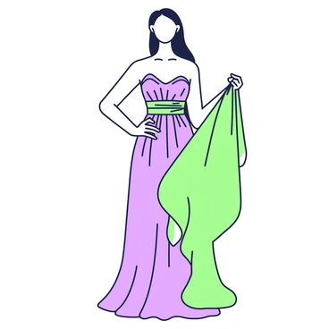 A fashion croquis stands elegantly, wearing an ethereal gown made of sheer, flowing fabric that drapes gracefully around her figure. The gown features intricate layers that ripple as if caught in a gentle breeze. The croquis has a confident posture, with one hand on her hip and the other gently lifting the fabric as if showcasing its movement. Her long hair cascades down her back, complementing the delicate nature of the gown. The background is minimal, allowing the focus to remain on the croquis and her stunning gown.