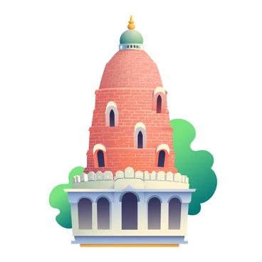A close-up view of one of the iconic towers of Bangalore Palace is depicted, showcasing its intricate architectural details. The tower is topped with a decorative spire, and the walls feature ornate brickwork with unique carvings. There are elegant arches and small windows that enhance the building's grandeur. Surrounding the tower, green foliage provides a contrasting backdrop, highlighting the palace's structure. The texture of the stone and the intricacy of the design elements are clearly visible, capturing the essence of the historic architecture.