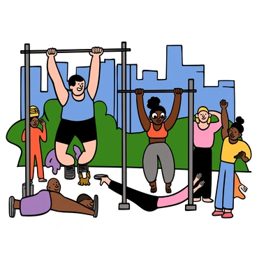 A street workout setup with a group of diverse individuals performing pull-ups on sturdy metal bars. In the foreground, a light-skinned man with short black hair is showing strength as he pulls himself up, wearing a blue tank top and black shorts. Next to him, a dark-skinned woman with big eyes and braided hair is also doing pull-ups, wearing a red sports bra and grey leggings. In the background, a vibrant city skyline is visible, with tall buildings and a clear blue sky, creating an energetic urban atmosphere. Other individuals are in the scene, some waiting their turn, while others are stretching nearby, all contributing to a sense of community and fitness.