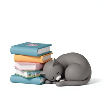 A fluffy gray cat, curled up comfortably, is sleeping beside a tall stack of colorful storybooks. The cat has closed eyes and a peaceful expression, with its tail wrapped around its body. The stack of storybooks is topped with a bright blue book featuring a dragon on the cover, while the other books display a variety of illustrated scenes, including a forest and a castle. The background is softly blurred, focusing on the cat and the books.