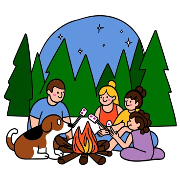 A beagle with brown and white fur sitting next to a crackling campfire. The beagle has large, floppy ears and bright eyes, looking happily at the flames. There is a family nearby, consisting of a light-skinned father with short brown hair wearing a blue t-shirt, a light-skinned mother with long blonde hair wearing a red tank top, and two children, a boy with dark hair wearing a yellow shirt and a girl with curly brown hair wearing a purple dress. They are roasting marshmallows on sticks, enjoying their time together in the outdoors. Surrounding them is a picturesque forest with tall trees and a clear night sky filled with stars.