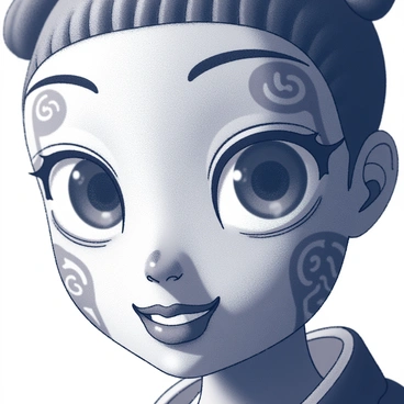 A close-up portrait of a Shugao figure. The figure has large, expressive eyes that convey a range of emotions. The face is adorned with intricate patterns that showcase detailed designs, adding depth and texture. The figure's features are sharply defined, emphasizing the artistry in the craftsmanship. The background is softly blurred to highlight the figure’s face and its elaborate details.