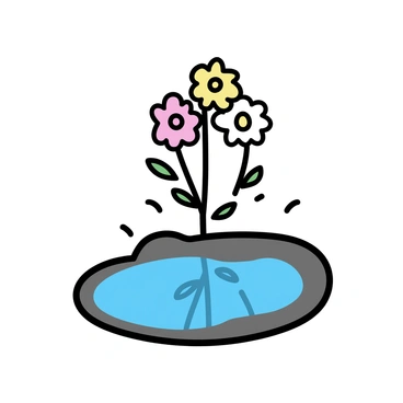 A small puddle on the ground, capturing the reflection of a cluster of colorful flowers above it. The puddle has a smooth surface, surrounded by damp soil. The flowers, in various shades of pink, yellow, and white, have green stems and leaves. The flowers are clustered together closely, creating a vibrant display above the reflective water.