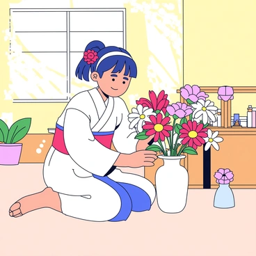 A miko wearing a traditional white kimono with a red obi is carefully arranging an assortment of vibrant flowers in a simple vase. The flowers include bright red chrysanthemums, delicate white lilies, and soft pink cherry blossoms. The miko is positioned in a sunlit room with warm light streaming through a window, casting gentle shadows on the wooden floor. In the background, a shrine altar is visible, decorated with small offerings and candles. The atmosphere is calm and focused as the miko meticulously places each flower, ensuring a harmonious composition.