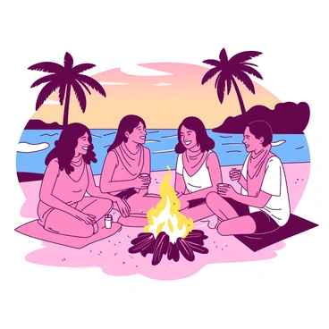 A group of friends is gathered around a warm bonfire on the beach at sunset. Each friend is wearing matching pink foulards tied around their necks. The beach is dotted with soft sand, and the glow of the flames reflects off their smiling faces. In the background, gentle waves lap against the shore, and a few palm trees sway lightly in the breeze. The friends are seated on colorful beach blankets, holding drinks and enjoying laughter under a sky transitioning from orange to deep blue.