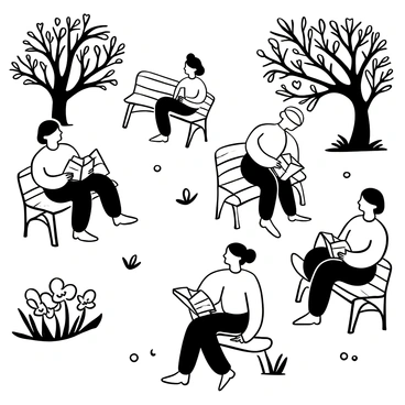 A black-and-white illustration of a garden scene with various benches scattered throughout. People are seated on the benches, each holding an open book. Some benches are next to flower beds with detailed plant designs. Trees with intricate branches provide shade over the benches, creating a sense of tranquility. The ground is covered with grass, and there are small pathways winding through the garden.