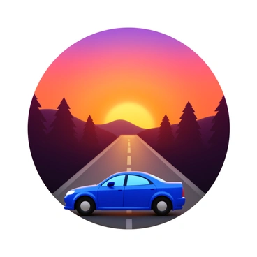 A silhouette of a car driving on a highway with a vibrant sunset in the background