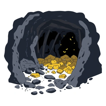 An underground mine is depicted with rough, uneven walls made of dark stone. Embedded within these walls are numerous shiny golden nuggets, glinting in the dim light. The floor of the mine is scattered with small rocks and debris, while the air is filled with dust particles dancing in the faint illumination. In the background, wooden support beams are visible, providing stability to the structure. A faint trail leads deeper into the mine, suggesting further exploration ahead.