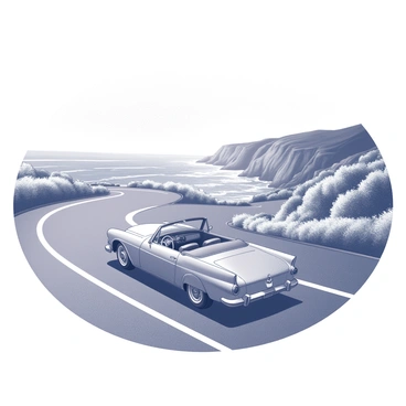 A vintage convertible car is driving along a winding coastline road. The car is sleek and has an elegant design, with its top down, revealing a spacious interior. The road is flanked by lush greenery and rocky cliffs that drop down to the ocean waves below. In the background, the coastline stretches into the distance, with the horizon meeting a clear sky that emphasizes the scene's openness. The sun casts shadows on the road, highlighting the car's curves as it glides smoothly along the asphalt.