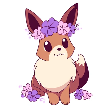 A brown Eevee is sitting gracefully, adorned with a crown made of vibrant twilight flowers. The flowers in the crown are a mix of soft pink and deep purple hues, contrasting beautifully with Eevee's fur. The Eevee's large, expressive eyes are looking upward, while its ears are perked, enhancing its royal appearance. The crown is delicately placed on its head, showcasing the intricate details of the flowers, some of which are slightly drooping. Around the base of Eevee, there are small patches of glowing twilight flowers, adding to the enchanting atmosphere of the image.