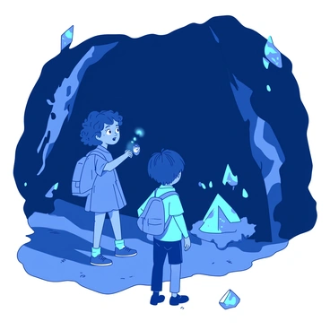 A group of three children stands at the entrance of a dark cave, their expressions filled with excitement and curiosity. The cave is partially illuminated by glowing blue crystals embedded in the walls, casting an ethereal light across the rocky surfaces. The first child, a girl with curly hair, holds a small flashlight, pointing it towards the crystals. The second child, a boy wearing a yellow backpack, peers into the cave with wide eyes. The third child, a girl with pigtails, stands slightly behind the others, her hand resting on her chin as she contemplates the scene. Shadows dance across the cave walls, enhancing the mystical atmosphere of their discovery.