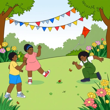 Several children of diverse backgrounds are playing joyfully in a vibrant garden, surrounded by colorful flowers and lush green grass. They are under a canopy decorated with a variety of homemade bunting, which includes triangles of fabric in bright colors like red, blue, yellow, and green, strung between trees. One child, wearing a yellow t-shirt and blue shorts, is flying a red kite, while another child, dressed in a pink dress, is chasing butterflies among the flowers. A third child, in green overalls, is kneeling to inspect a small ladybug on a leaf. The sun is shining brightly, casting soft shadows on the ground.