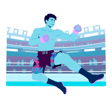 A muay thai fighter with an athletic build and defined muscles is executing a flying knee strike in mid-air. He has short black hair and is wearing traditional muay thai shorts adorned with vibrant colors and patterns. His expression is focused and intense as he leaps off the ground, extending one knee forward. The background depicts an arena with cheering spectators and bright lights illuminating the fighter's form, highlighting the dynamic motion of his jump and the power of the strike.