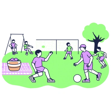 A group of children is playing football in a park. There are four kids on the field, two wearing bright T-shirts and shorts, while the other two are in caps and sneakers. One child is kicking the ball towards the goal, while another is ready to defend. Nearby, a tree is providing shade, and a picnic blanket is spread out with a basket on it. In the background, there are a few other children on swings and playing tag, creating an atmosphere of joy and activity. The scene captures the laughter and excitement of their game.