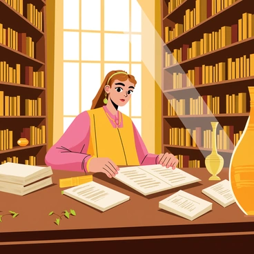 Hera is depicted sitting at a grand wooden table in a vast library filled with towering shelves of ancient texts and artifacts. She holds a scroll open in her hands, her eyes focused on the intricate writing. The library is illuminated by warm, golden light streaming in from tall windows, casting shadows across the room. Various ancient artifacts, such as ornate vases and scroll holders, are scattered around her. The shelves are lined with leather-bound books in shades of brown and gold, adding to the atmosphere of knowledge and wisdom.