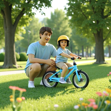 A parent with short brown hair, wearing a light blue t-shirt and beige shorts, is kneeling beside a child. The child, with curly hair and wearing a yellow helmet, is sitting on a small blue bicycle. The parent is gently holding the back of the bicycle seat, demonstrating balance. In the background, there are green trees with sunlight filtering through the leaves, casting playful shadows on the grass. The park is filled with bright wildflowers blooming in various colors, adding to the cheerful atmosphere.