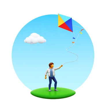 A kite flyer standing on a grassy field, holding the string of a colorful, large kite. The kite is soaring high in the sky, fluttering vigorously in a strong breeze. The flyer is wearing a casual outfit with a light jacket, and their hair is being tousled by the wind. The background features a clear blue sky with a few fluffy clouds scattered across it.