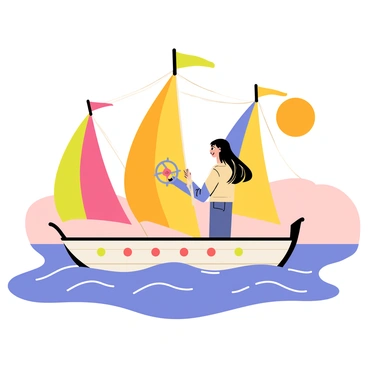 A "gesugao ship girl" with long flowing hair stands confidently at the helm of a colorful ship. The ship has vibrant sails fluttering in the gentle breeze. The sun is rising on the horizon, casting warm hues of orange, pink, and yellow across the sky. Soft waves ripple in the water as the ship begins its journey, leaving a trail behind. The ship girl smiles cheerfully, looking ahead as the morning light sparkles on the surface of the water.