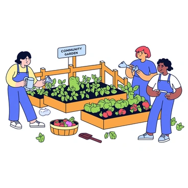 A community garden filled with various plants, including tomatoes, peppers, and herbs. Neighbors are working together, one person is watering the plants while another is picking ripe vegetables. There is a wooden fence surrounding the garden, and a few small garden tools are scattered around. A basket filled with fresh produce sits on the ground, and nearby, a small sign displays the words "Community Garden."