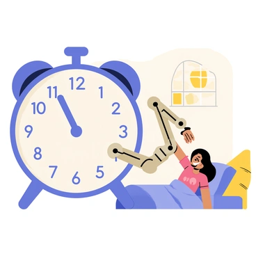 A cartoon-style illustration of an alarm clock with a round, smiling face and large digital numbers showing the time. A metallic robotic arm extends from the side of the clock, featuring articulated joints and a friendly demeanor. The arm gently shakes a person sleeping on a bed, who appears surprised and slightly disheveled. The background includes a cozy bedroom with scattered pillows and a sunny window, enhancing the cheerful atmosphere of the scene.