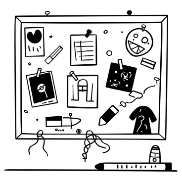 A pinboard filled with various clippings from magazines, newspapers, and sketches. The clippings feature different themes and designs, pinned to the board with colorful push pins. There are sketches of architectural designs, fashion ideas, and abstract concepts scattered among the clippings. The board has a wooden frame, and it's mounted on a wall with some twine holding additional loose sketches at the bottom. A few art supplies, such as pencils and erasers, are placed nearby on a desk, adding to the creative atmosphere.