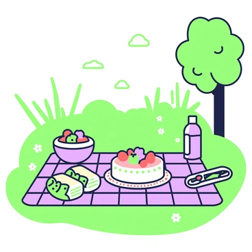 A picnic scene is set in a lush, green park under bright sunlight. A checkered blanket is spread on the grass, and at the center of the blanket sits a cheesecake on a decorative plate. The cheesecake is topped with fresh fruit arranged in a colorful pattern. Surrounding the cheesecake are various picnic items: a bottle of water, a handful of sandwiches wrapped in green paper, and a bowl of salad with vibrant ingredients. In the background, there are trees with green leaves swaying gently, and small wildflowers peeking through the grass. A soft breeze can be imagined rustling through the scene, adding a lively atmosphere.