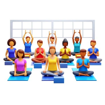 A diverse group of individuals participating in a yoga class. The group includes people of different genders, ethnicities, and ages, each practicing adaptive yoga poses tailored to their abilities. Some individuals are seated on yoga mats, while others use blocks and straps to assist in their poses. The environment is bright and open, with natural light streaming in from large windows. The participants display focus and determination as they engage in their practice. Each person wears comfortable athletic clothing suitable for yoga.