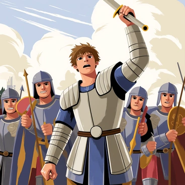A warrior named "Faramir" is leading a charge in battle. He has short brown hair and is wearing a silver and blue armor that glistens in the light. His face shows a determined look, full of resolve. Faramir holds a sword raised high above his head, glinting with light. Around him, several soldiers follow closely, their expressions filled with determination. The background features tumultuous clouds and a hint of a distant castle, enhancing the intensity of the scene.