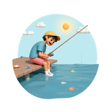 A cartoon boy, wearing a yellow baseball cap, a blue t-shirt, and red shorts, is sitting on a wooden dock. He has short, brown hair and a wide smile on his face. His fishing rod is propped up beside him, and he leans forward eagerly, peering down into the clear blue water below. The sun is shining brightly, casting reflections on the surface of the water, while a few fluffy white clouds drift across the sky in the background. The edge of the dock features some fishing gear scattered around, and a couple of colorful fish can be seen swimming just beneath the surface.