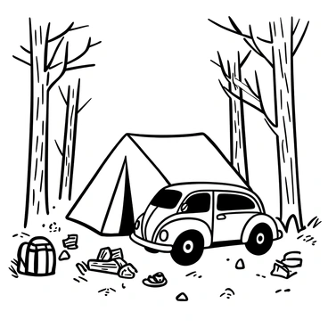 A VW Beetle parked beside a large camping tent with its flaps partially open. Surrounding the tent are tall trees with detailed bark texture and branches extending overhead. A small campfire is positioned a few feet away, with logs arranged around it. A backpack and a pair of hiking boots are placed near the tent entrance. The ground is covered with pine needles and scattered rocks, adding to the outdoor setting. The overall scene is filled with the essence of a forest campsite.