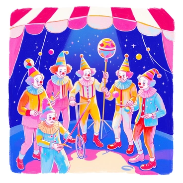A group of clowns is positioned under a dimly lit circus tent. Their faces are painted in bright colors, with exaggerated expressions that blend whimsy and eeriness. Some clowns are juggling colorful balls, while others hold large juggling clubs decorated with patterns. The tent's interior is adorned with red and white stripes, and faint shadows create a mysterious atmosphere. At the background, a unicycle leans against a stilted platform, adding to the circus vibe.