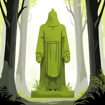 An ancient statue of a forgotten deity stands prominently in a foggy forest. The statue is large and covered in green moss, showing signs of age with cracks and intricate carvings. Surrounding the statue, tall trees are shrouded in mist, their trunks appearing dark and twisted. The ground is covered in a layer of leaves, and ferns sprout from the forest floor, adding to the natural ambiance of the scene. A soft, ethereal light filters through the fog, illuminating the statue and enhancing its mysterious presence.
