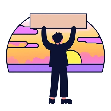A silhouette of a person standing with their legs slightly apart, holding a large wooden plank vertically. The person's arms are extended upwards, and the outline is clear against the backdrop of a vibrant sunset. The sky is filled with shades of orange, pink, and purple, blending seamlessly into one another. The sun is low on the horizon, casting a warm glow across the scene. The edges of the silhouette are dark, contrasting with the bright colors of the sky.
