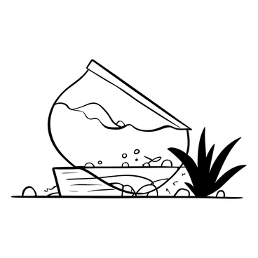 A goldfish bowl is precariously tilted on the edge of a table, with water almost spilling over the rim. Inside the bowl, a goldfish is swimming near the surface, creating small ripples in the water. The table's surface is textured, showing wood grain details, and the background includes a blurred view of a cozy room. A few scattered pebbles are at the bottom of the bowl, and a plant is positioned beside the bowl.