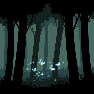 A dense forest with tall trees, their trunks covered in dark green moss. The foliage above creates a canopy, allowing only faint light to filter through. Numerous small "glowing butterflies" flutter around, illuminating the dark surroundings with soft, vibrant light. The forest floor is littered with leaves and small plants, casting delicate shadows. In the background, subtle silhouettes of branches intertwine against the dimly lit sky.