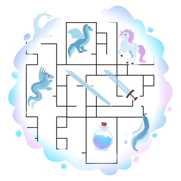 A large crossword puzzle fills the center of the image, with its grid composed of dark lines and white squares. Each square has a different visual clue representing either a mythical creature or an enchanted item. A "dragon" is illustrated in a square, depicted with detailed scales and wings. Another square contains a "unicorn," elegantly posed with a spiraled horn and flowing mane. An "enchanted sword" occupies one square, gleaming with magical runes etched along the blade. A "magic potion" in a bottle, with colorful liquid swirling inside, is included in the grid. The backdrop is a soft gradient of pastel colors, enhancing the enchanting theme of the crossword puzzle.