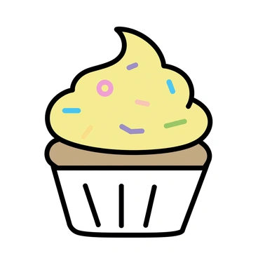A cupcake with a smooth, golden frosting on top. The frosting is embellished with colorful, sparkling sprinkles. The cupcake itself has a textured appearance, showcasing its soft and fluffy layers. The base of the cupcake is a light pastel color, providing a contrast to the vibrant toppings.