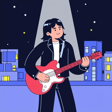 A guitarist with long dark hair is playing an electric guitar on a rooftop. The city skyline is visible in the background, featuring tall buildings with illuminated windows. The sky is dark, filled with scattered stars, and the guitarist is wearing a black leather jacket. A spotlight shines down on him, creating a dramatic focus. The guitar is a shiny red color with a sleek design.