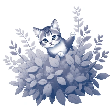 A curious cat peeking out from a bush. The cat has wide, inquisitive eyes that are focused and alert. Its fur is detailed, showcasing various textures and patterns as it blends with the leaves of the bush. The bush is dense, with numerous branches and greenery surrounding the cat, creating a natural frame. The setting is filled with intricate details of the foliage, enhancing the cat's playful and inquisitive demeanor.