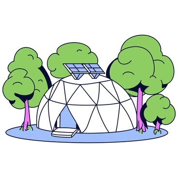 A geodesic dome home with a smooth, white exterior. The dome has multiple triangular panels and sits nestled among tall, green trees in a lush forest. On top of the dome are several sleek solar panels arranged neatly. Sunlight filters through the leaves of the surrounding trees, casting dappled shadows on the ground below.