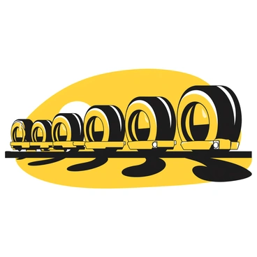 A row of train wheels arranged along a track, with the sun positioned low on the horizon behind them. The wheels are detailed, showcasing their metallic texture and intricate design. As the sun sets, it casts long, dramatic shadows extending across the ground, emphasizing the circular shape of the wheels. The sky above is transitioning from light to dark as the day comes to a close, creating a striking contrast with the silhouettes of the train wheels.