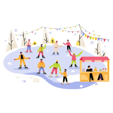 A traditional winter festival scene featuring a snowy landscape with numerous people ice skating on a shimmering frozen pond. The skaters are dressed in colorful winter attire, including bright jackets, knitted hats, and scarves. Festive decorations adorn the area, including string lights hanging from trees and cheerful banners flapping in the cold breeze. Nearby, a wooden stall offers warm beverages, with a steaming kettle on display and cups lined up ready to serve. Snowflakes gently fall from the sky, creating a magical atmosphere for the festival.