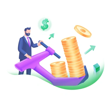 A businessperson using a giant lever to lift a heavy stack of coins, symbolizing financial leverage