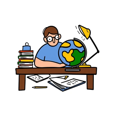 A student with light skin and short brown hair sits at a wooden desk, looking intently at a large globe. The globe is vividly colored, showcasing continents and oceans. The student is wearing a blue t-shirt and glasses, with a stack of geography books open beside him. A desk lamp casts a warm light, illuminating the globe and creating a focused study environment. Papers and a pencil are scattered around the desk, indicating preparation for the upcoming geography test.