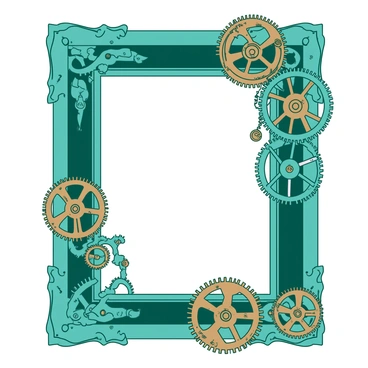 A teal steampunk-inspired frame is adorned with intricate, exposed gears and clockwork parts. The frame is elaborately designed, showcasing a variety of bronze-colored gears meshed together, some large and prominent while others are smaller and delicately placed. The edges of the frame are accentuated with ornate details, adding to its vintage aesthetic. In the center of the frame, there is an empty space, inviting a picture to be placed within this mechanical masterpiece.