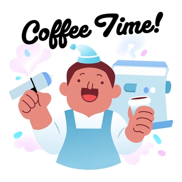 A cartoon character with a cheerful posture is holding a portafilter in one hand and a coffee cup in the other. The character is wearing a colorful apron and has a playful hat atop their head. The background features a large coffee machine with steam rising from it, along with scattered coffee beans around the scene. "Coffee Time!" is written in a fun font above the character.